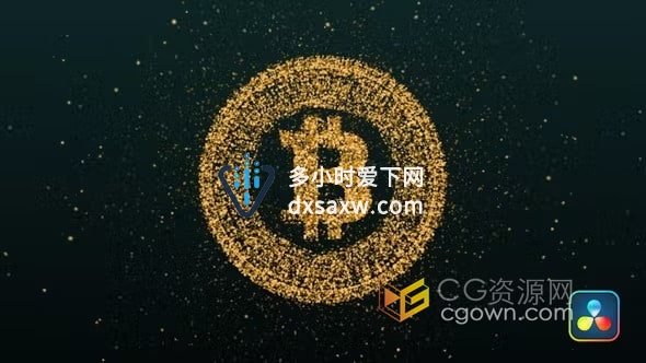 达芬奇DR模板-小圆点粒子汇聚比特币加密货币标志揭晓技术LOGO动画