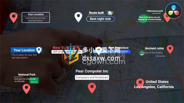 达芬奇模板-Location Titles带地图位置标记指针路径动画标题适合旅行主题视频演示