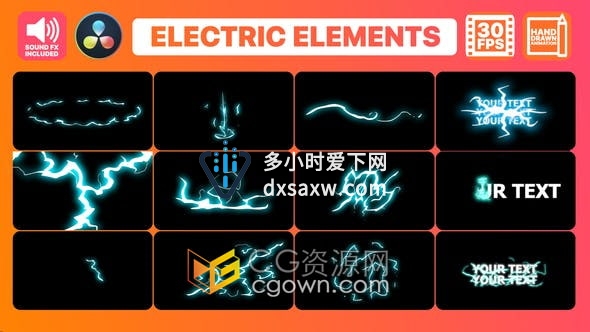 DR达芬奇模板-Flash FX Electric手绘卡通闪光效果能量电源电元素和标题